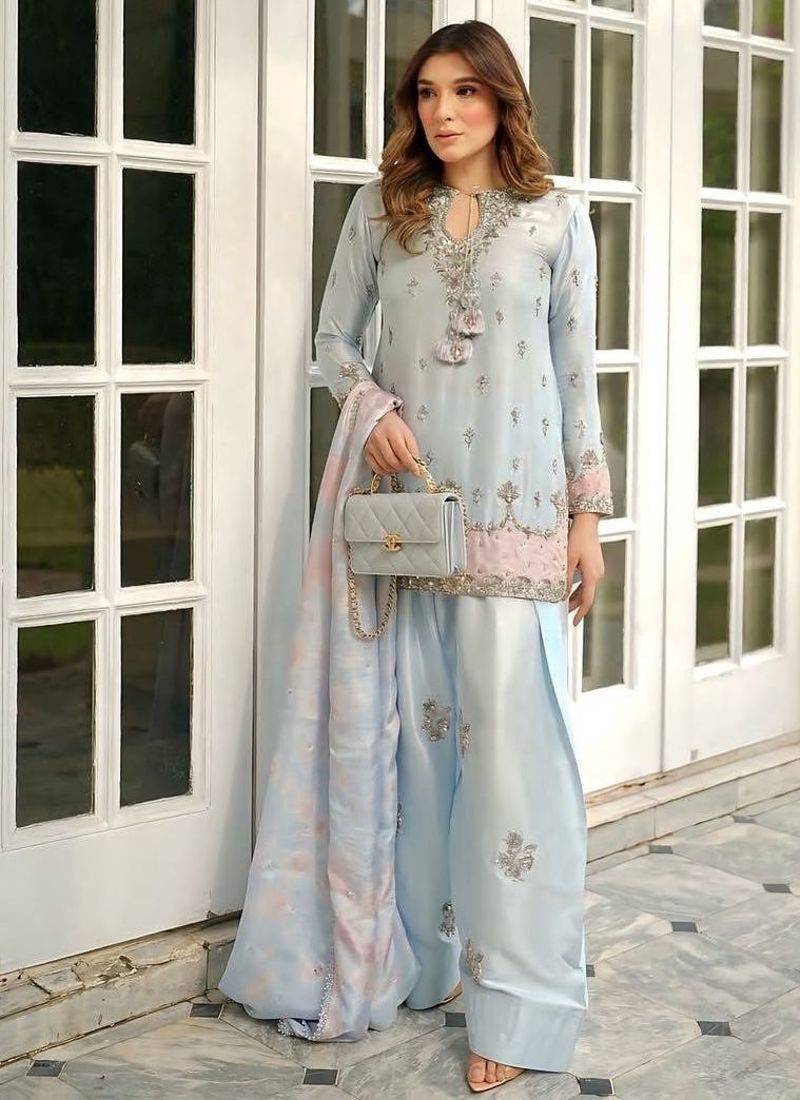 japan satin top with farshi palazzo & organza dupattaembroidered party wear suit set