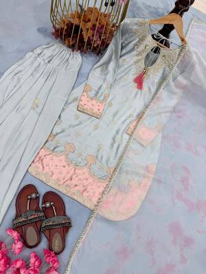  japan satin top with farshi palazzo & organza dupattaembroidered party wear suit set 2