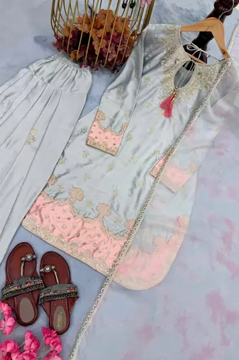  japan satin top with farshi palazzo & organza dupattaembroidered party wear suit set