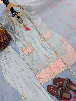  japan satin top with farshi palazzo & organza dupattaembroidered party wear suit set 3