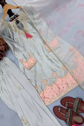  japan satin top with farshi palazzo & organza dupattaembroidered party wear suit set