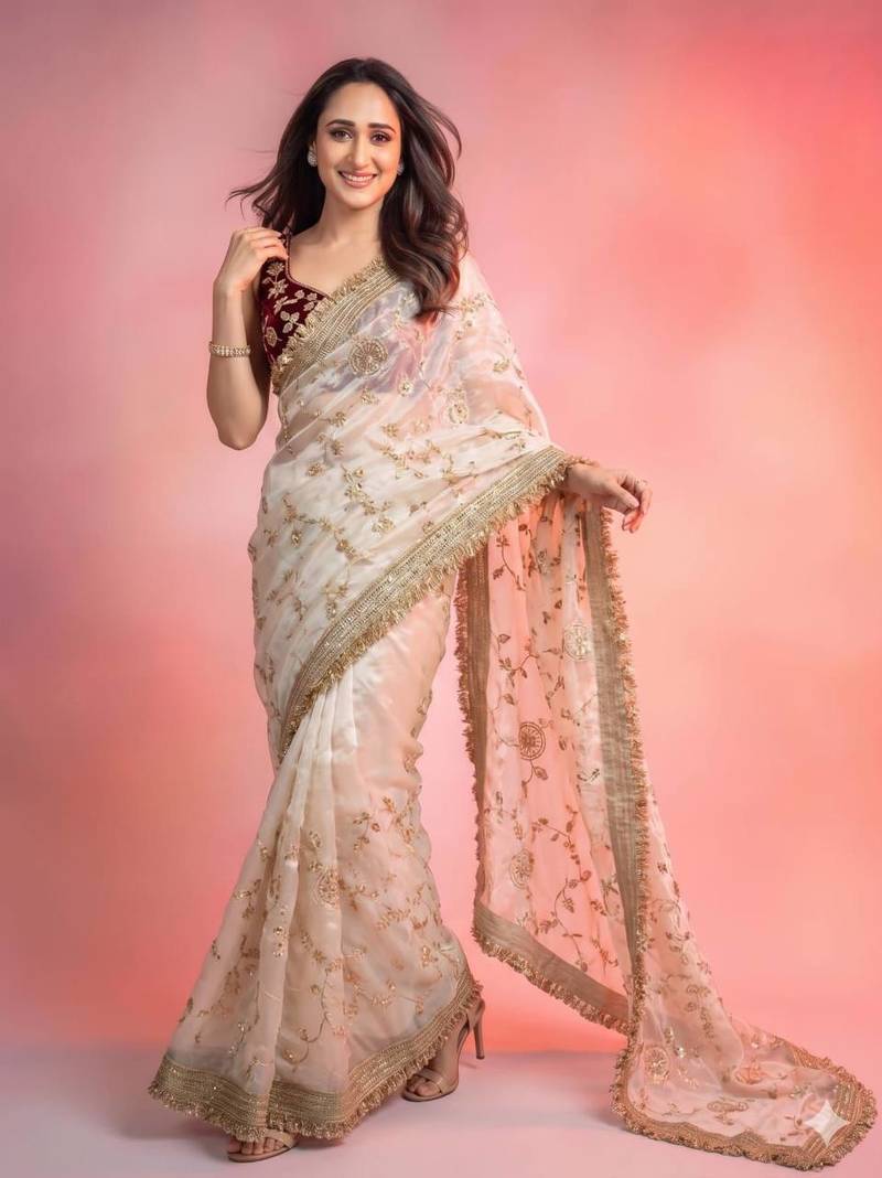 Designer space satin bits sequence work saree with contrast running blouse for wedding & party wea
