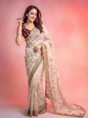  space satin bits sequence work saree with contrast running blouse for wedding & party wea 2