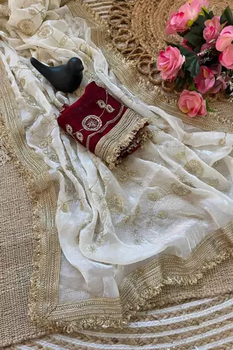  space satin bits sequence work saree with contrast running blouse for wedding & party wea