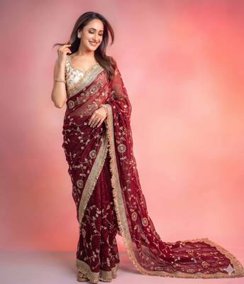  space satin bits sequence work saree with contrast running blouse for wedding & party wea 1