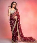 Designer space satin bits sequence work saree with contrast running blouse for wedding & party wea