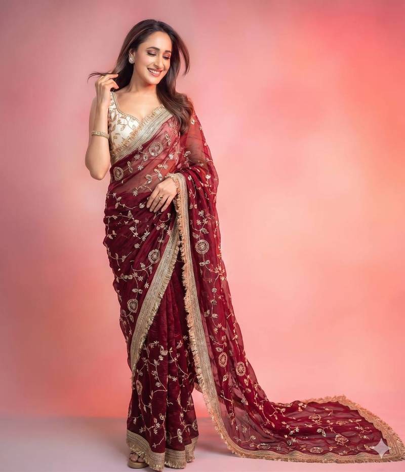 Designer space satin bits sequence work saree with contrast running blouse for wedding & party wea