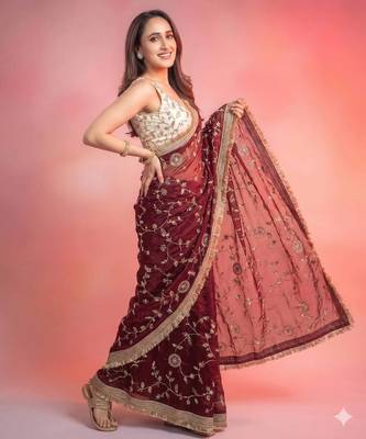  space satin bits sequence work saree with contrast running blouse for wedding & party wea 2