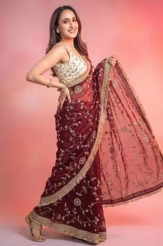  space satin bits sequence work saree with contrast running blouse for wedding & party wea