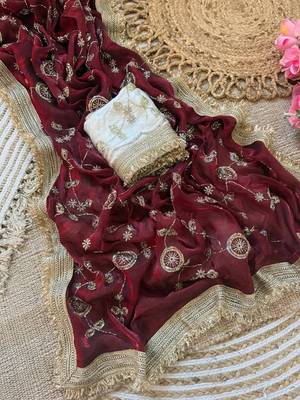  space satin bits sequence work saree with contrast running blouse for wedding & party wea 3