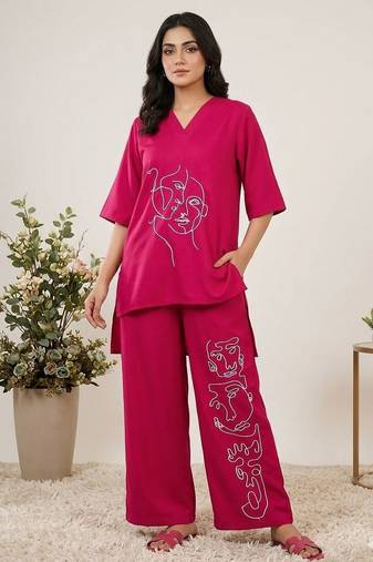 Trendy roman silk embroidered co-ord set for women summer kurta palazzo outfit