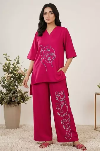 Trendy roman silk embroidered co-ord set for women summer kurta palazzo outfit
