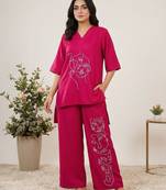 Trendy roman silk embroidered co-ord set for women summer kurta palazzo outfit