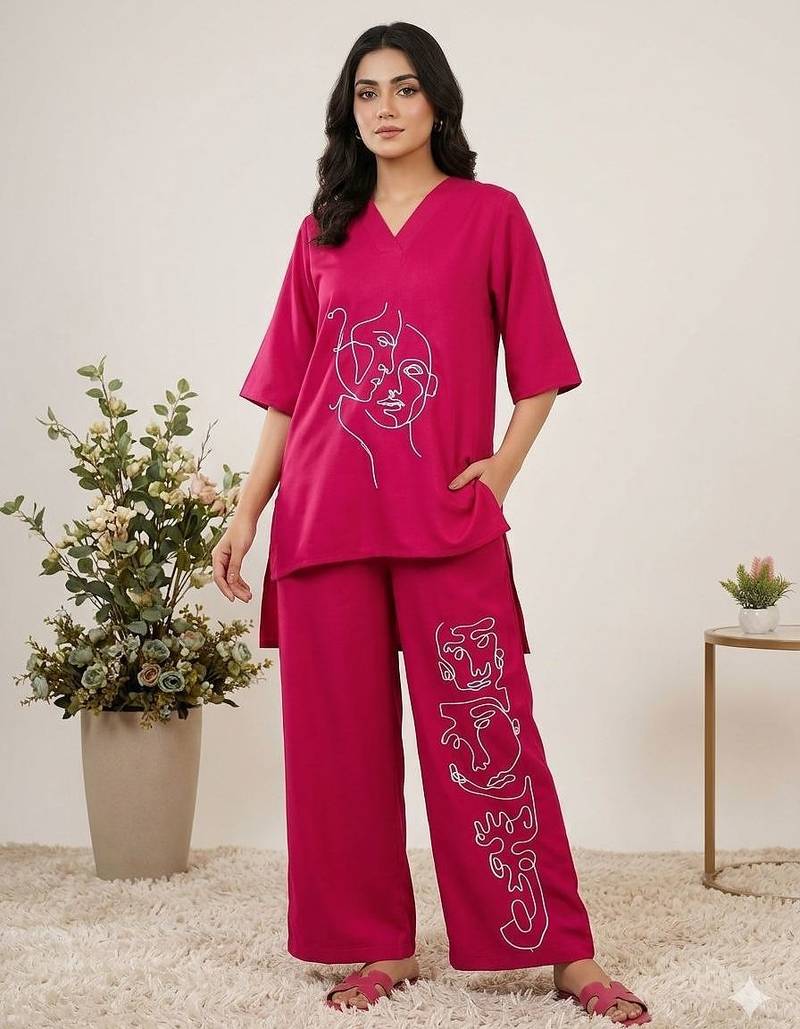 Trendy roman silk embroidered co-ord set for women summer kurta palazzo outfit