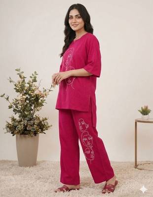 Trendy roman silk embroidered co-ord set for women summer kurta palazzo outfit 2