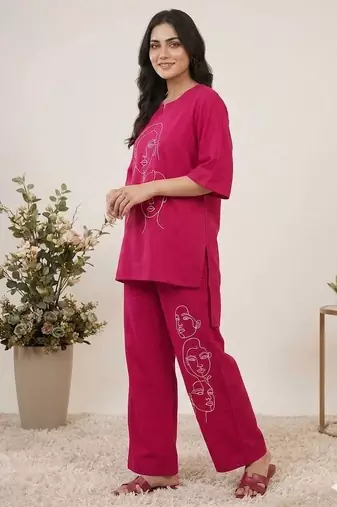 Trendy roman silk embroidered co-ord set for women summer kurta palazzo outfit