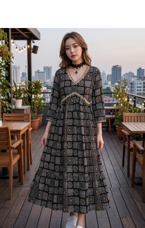 Women's Rayon Printed Hanblock Designer Flared Anarkali Ethnic Black Gown  1