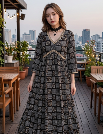 Women's Rayon Printed Hanblock Designer Flared Anarkali Ethnic Black Gown 
