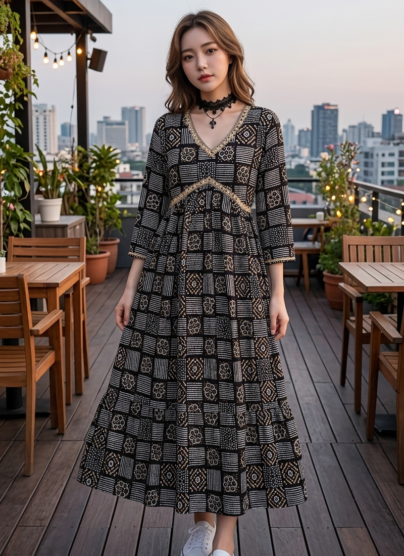 Women's Rayon Printed Hanblock Designer Flared Anarkali Ethnic Black Gown 