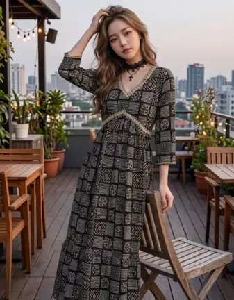 Women's Rayon Printed Hanblock Designer Flared Anarkali Ethnic Black Gown 