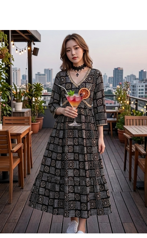 Women's Rayon Printed Hanblock Designer Flared Anarkali Ethnic Black Gown  3
