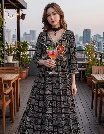 Women's Rayon Printed Hanblock Designer Flared Anarkali Ethnic Black Gown 