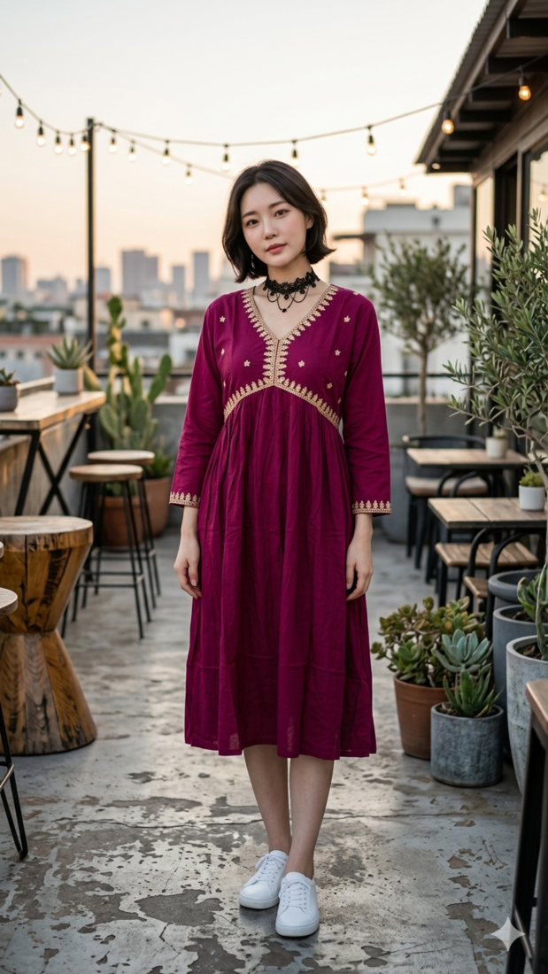 Women's Rayon Handblock Handpainted Designer Flared Wine Color Anarkali Dress Gown
