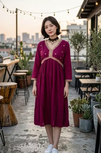 Women's Rayon Handblock Handpainted Designer Flared Wine Color Anarkali Dress Gown