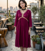 Women's Rayon Handblock Handpainted Designer Flared Wine Color Anarkali Dress Gown