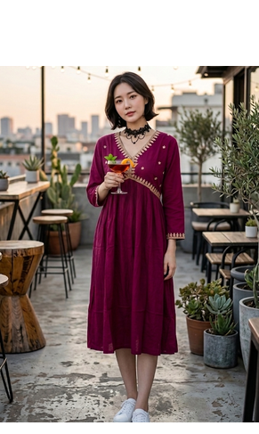 Women's Rayon Handblock Handpainted Designer Flared Wine Color Anarkali Dress Gown 2