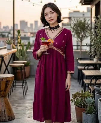 Women's Rayon Handblock Handpainted Designer Flared Wine Color Anarkali Dress Gown