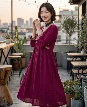 Women's Rayon Handblock Handpainted Designer Flared Wine Color Anarkali Dress Gown