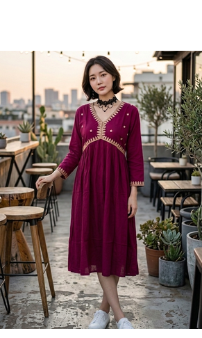 Women's Rayon Handblock Handpainted Designer Flared Wine Color Anarkali Dress Gown 4