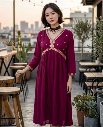 Women's Rayon Handblock Handpainted Designer Flared Wine Color Anarkali Dress Gown