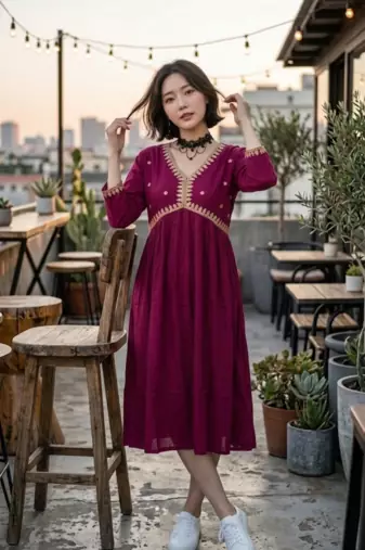 Women's Rayon Handblock Handpainted Designer Flared Wine Color Anarkali Dress Gown