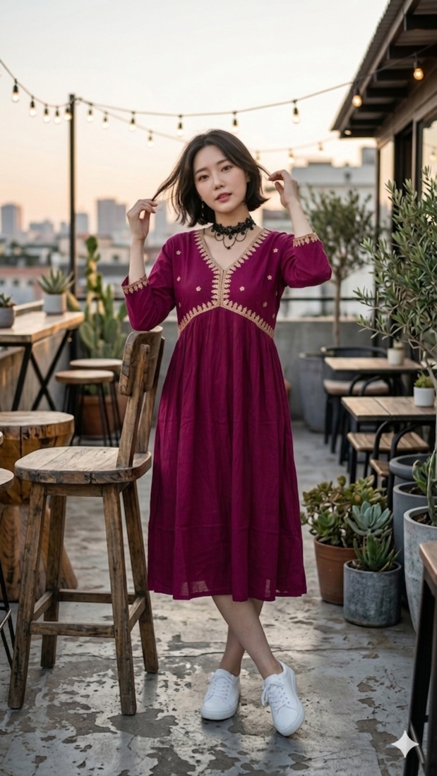 Women's Rayon Handblock Handpainted Designer Flared Wine Color Anarkali Dress Gown