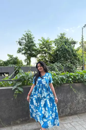 Women's Rayon Floral Printed Designer Round Neck Blue Flared Gown Dress