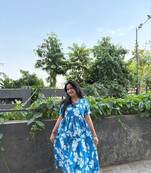 Women's Rayon Floral Printed Designer Round Neck Blue Flared Gown Dress