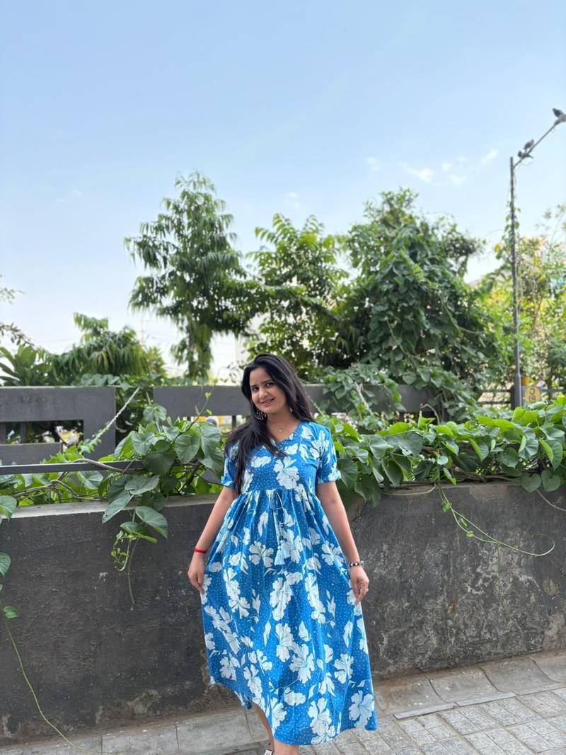 Women's Rayon Floral Printed Designer Round Neck Blue Flared Gown Dress