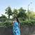 Women's Rayon Floral Printed Designer Round Neck Blue Flared Gown Dress