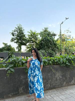 Women's Rayon Floral Printed Designer Round Neck Blue Flared Gown Dress 2