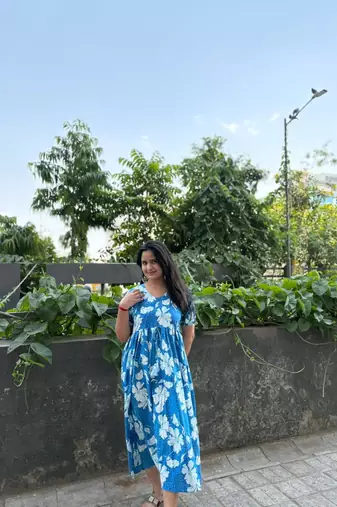Women's Rayon Floral Printed Designer Round Neck Blue Flared Gown Dress