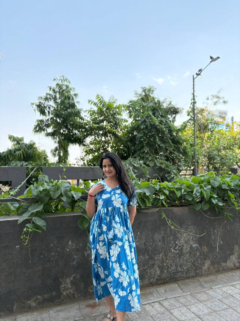 Women's Rayon Floral Printed Designer Round Neck Blue Flared Gown Dress