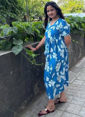 Women's Rayon Floral Printed Designer Round Neck Blue Flared Gown Dress 3