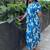 Women's Rayon Floral Printed Designer Round Neck Blue Flared Gown Dress