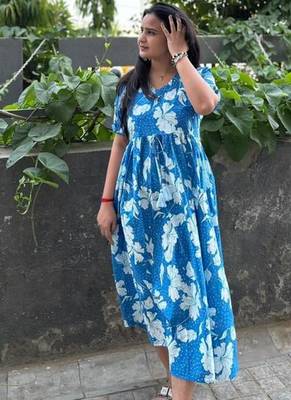 Women's Rayon Floral Printed Designer Round Neck Blue Flared Gown Dress 4