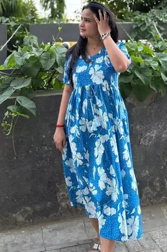 Women's Rayon Floral Printed Designer Round Neck Blue Flared Gown Dress