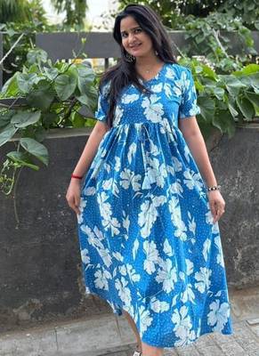 Women's Rayon Floral Printed Designer Round Neck Blue Flared Gown Dress 5