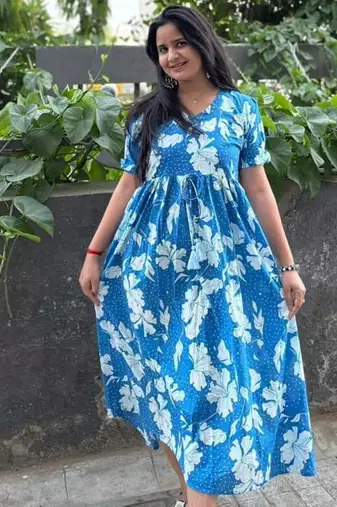 Women's Rayon Floral Printed Designer Round Neck Blue Flared Gown Dress
