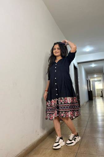 Black Floral Border Midi Dress for Women|Boho Printed Hem Dress|Trendy Ethnic Western Dress for Girls & Women